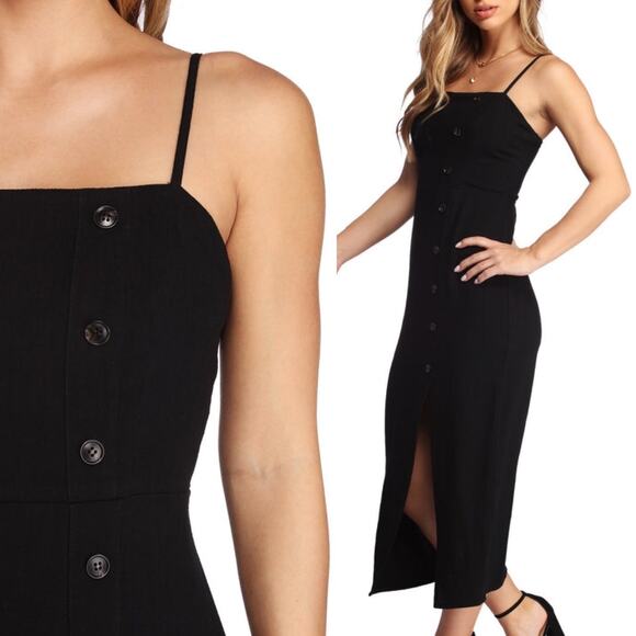 Windsor Black Button Up Linen Midi Dress - Picture 2 of 10